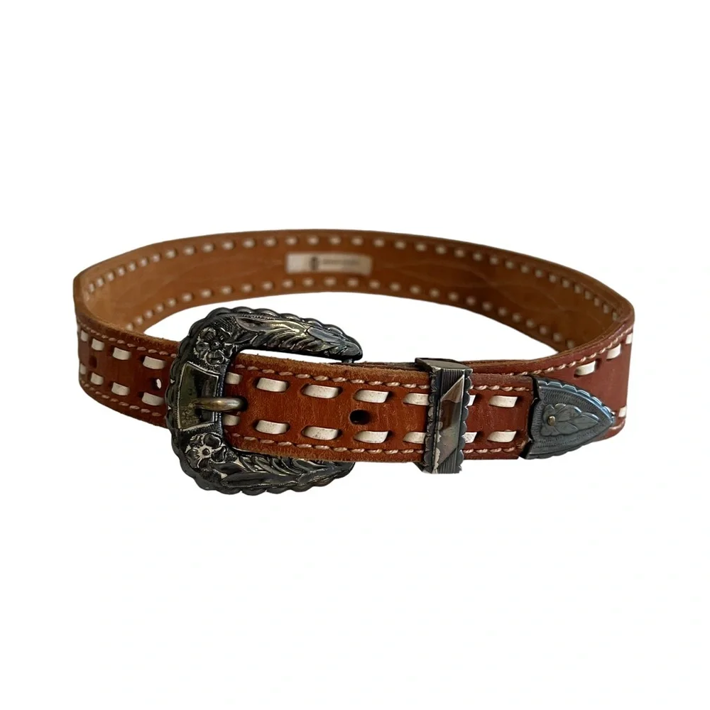 Gilles Herve Paris Brown Leather Belt with Cream Lacing and Detailed Buckle